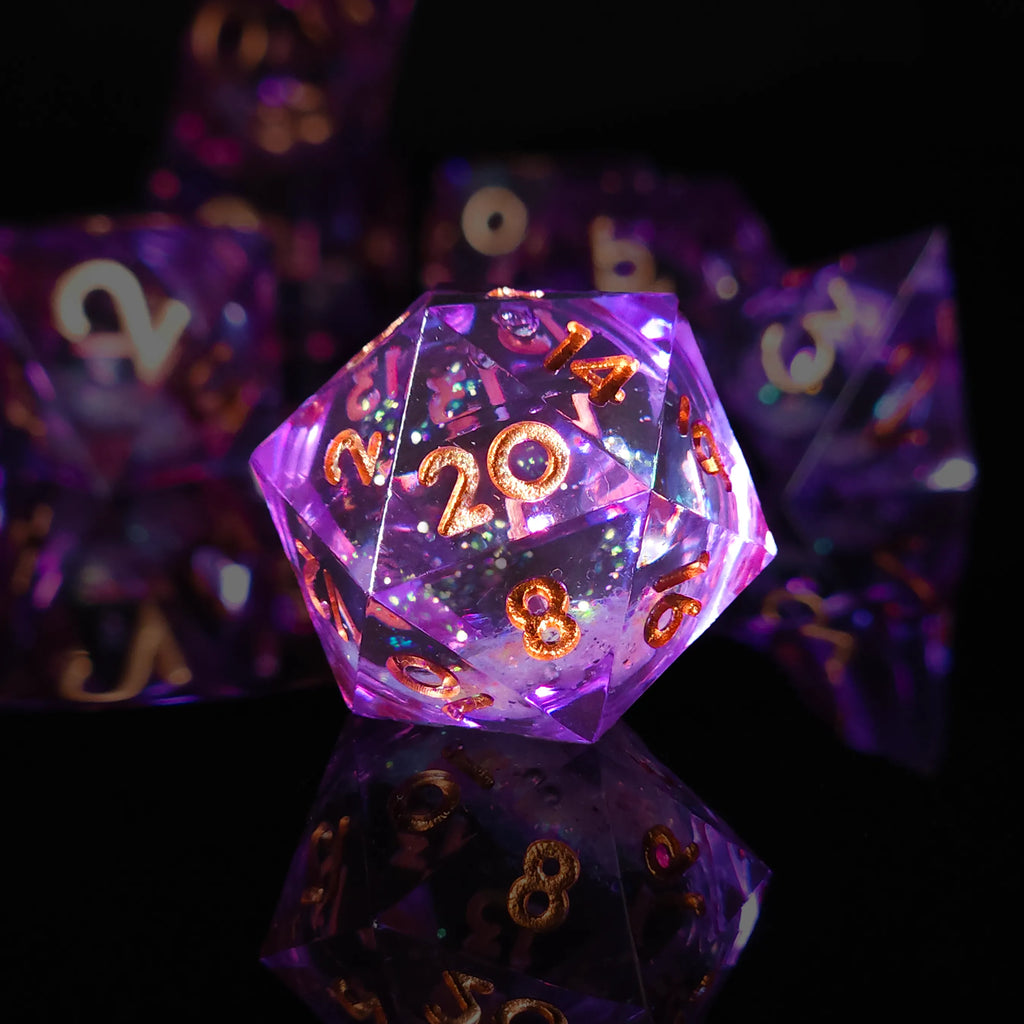 Handgefertigte DnD-Würfel | 7er-Set | Lila Glitzer