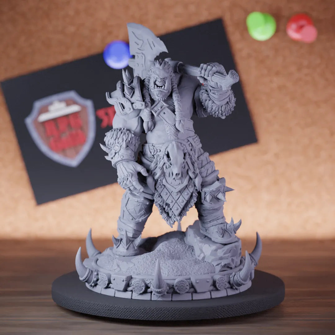 Highly detailed fighter orc barbarian axe miniature of Draumir, perfect for DnD 5e encounters, fantasy tabletop RPG campaigns, painting and display.
