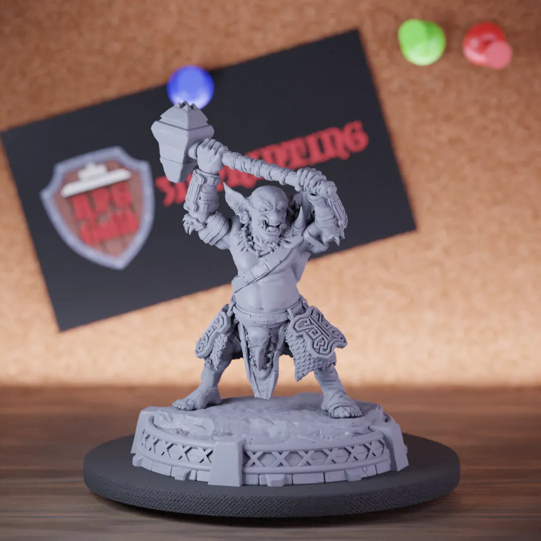 Highly detailed fighter goblin warrior miniature of Drogg, perfect for DnD 5e encounters, fantasy tabletop RPG campaigns, painting and display.