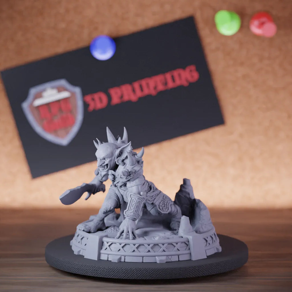 Highly detailed fighter goblin barbarian sword miniature of Drubz, perfect for DnD 5e encounters, fantasy tabletop RPG campaigns, painting and display.