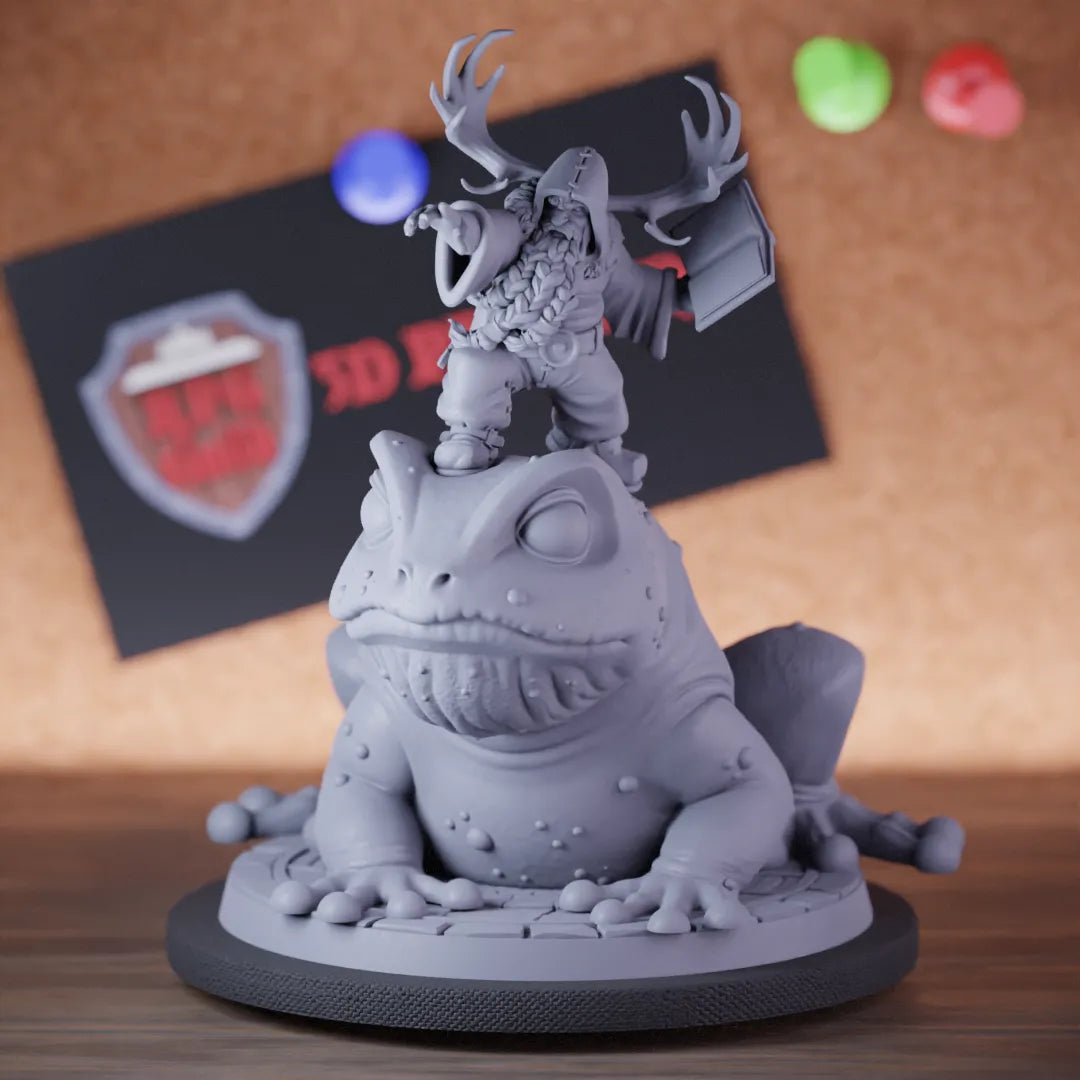 Highly detailed druid rider dwaf toad miniature of Druid, perfect for DnD 5e encounters, fantasy tabletop RPG campaigns, painting and display.