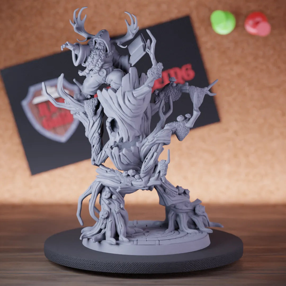 Highly detailed druid dwarf rider treant miniature of Druid, perfect for DnD 5e encounters, fantasy tabletop RPG campaigns, painting and display.
