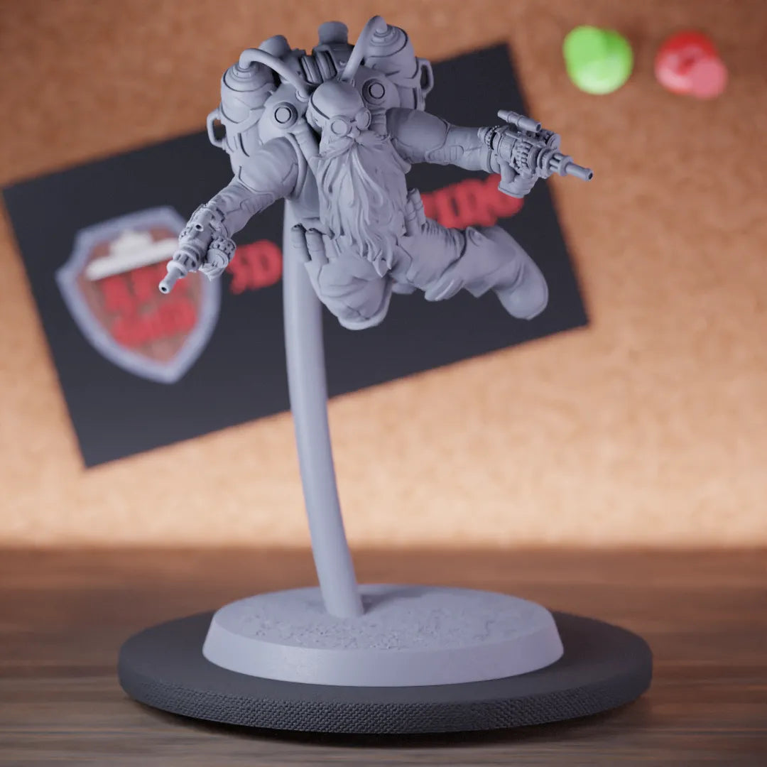 Highly detailed artificer dwarf steampunk flying miniature of DwarfSteampunk, perfect for DnD 5e encounters, fantasy tabletop RPG campaigns, painting and display.