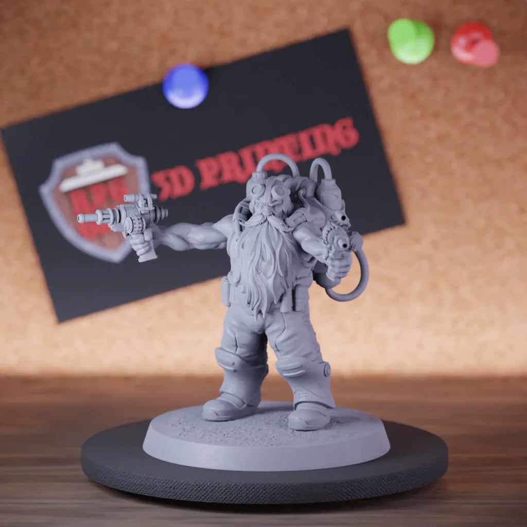 Highly detailed artificer dwarf steampunk shooting miniature of DwarfSteampunk, perfect for DnD 5e encounters, fantasy tabletop RPG campaigns, painting and display.