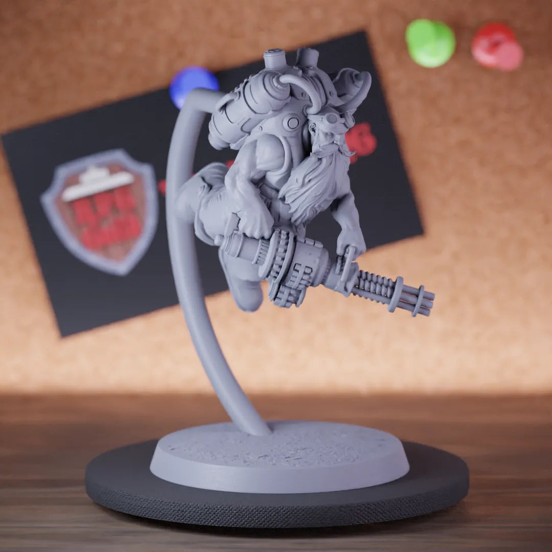 Highly detailed artificer dwarf machine gun flying miniature of DwarfSteampunk, perfect for DnD 5e encounters, fantasy tabletop RPG campaigns, painting and display.