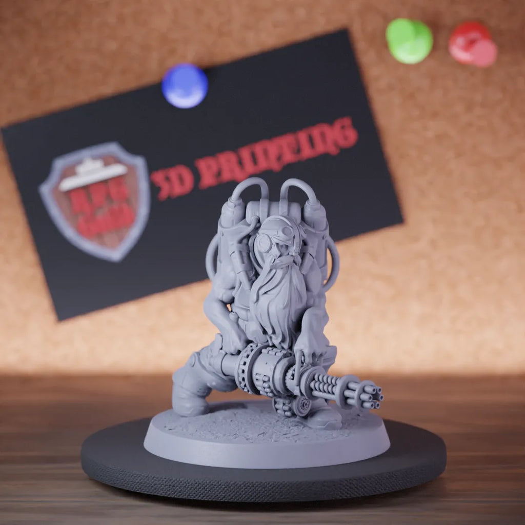 Highly detailed artificer dwarf gun flying miniature of DwarfSteampunk, perfect for DnD 5e encounters, fantasy tabletop RPG campaigns, painting and display.