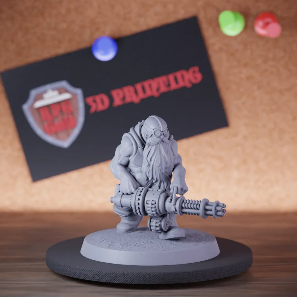 Highly detailed artificer dwarf machine gun walking miniature of DwarfSteampunk, perfect for DnD 5e encounters, fantasy tabletop RPG campaigns, painting and display.