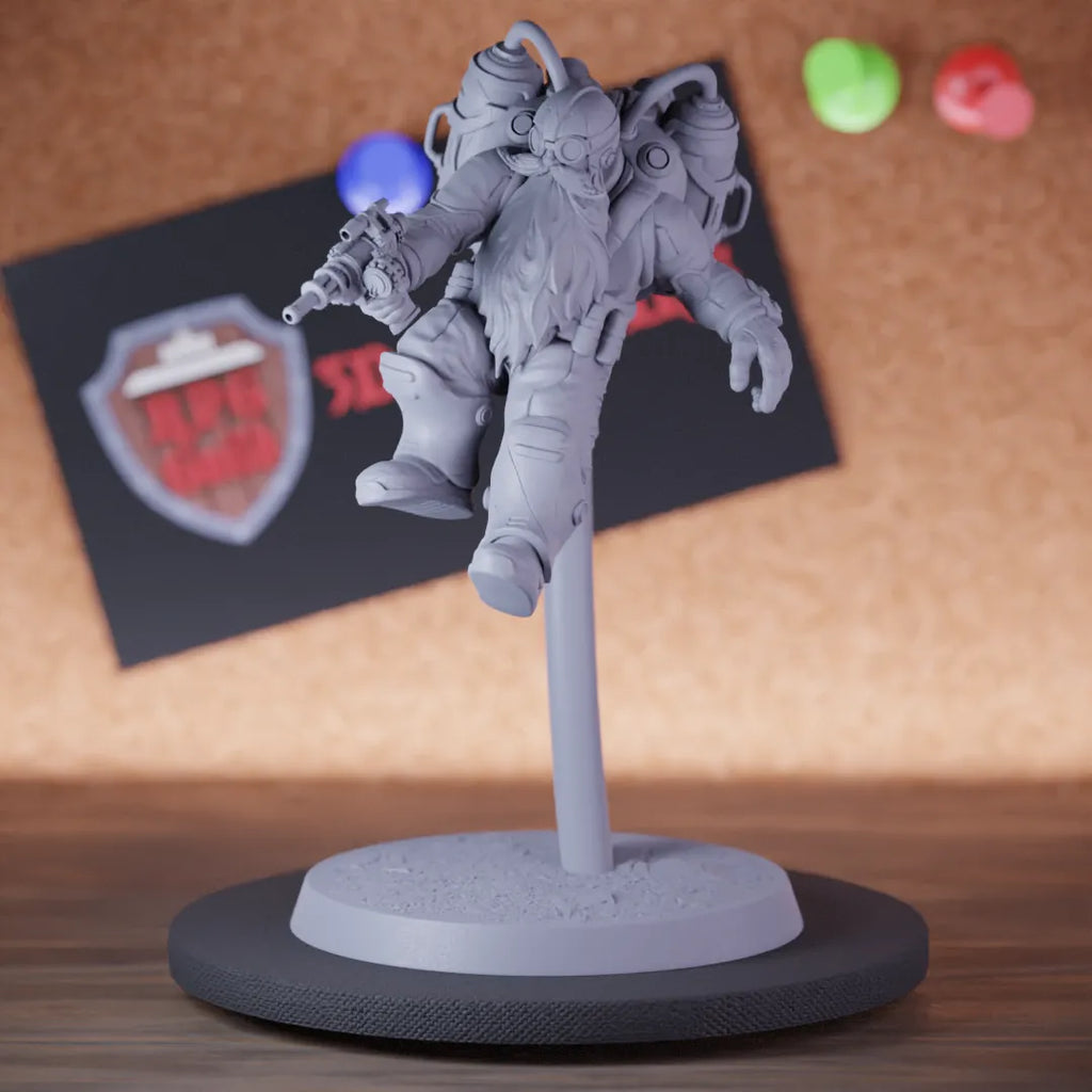 Highly detailed artificer dwarf pistol flying escape miniature of DwarfSteampunk, perfect for DnD 5e encounters, fantasy tabletop RPG campaigns, painting and display.
