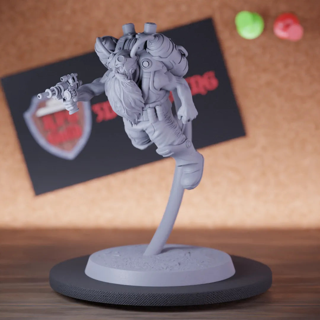 Highly detailed artificer dwarf pistol flying miniature of DwarfSteampunk, perfect for DnD 5e encounters, fantasy tabletop RPG campaigns, painting and display.