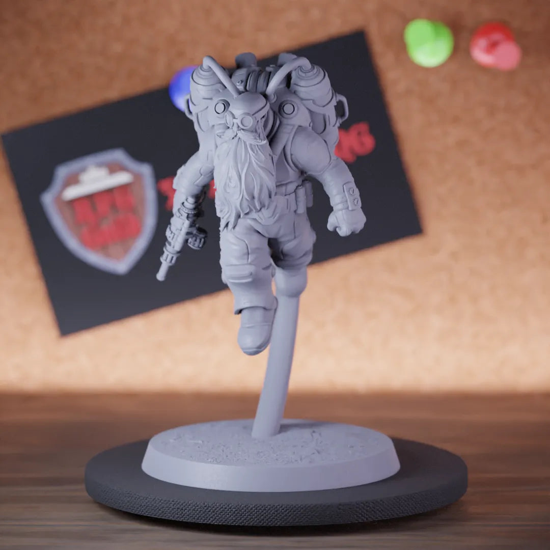 Highly detailed artificer dwarf pistol gun flying miniature of DwarfSteampunk, perfect for DnD 5e encounters, fantasy tabletop RPG campaigns, painting and display.