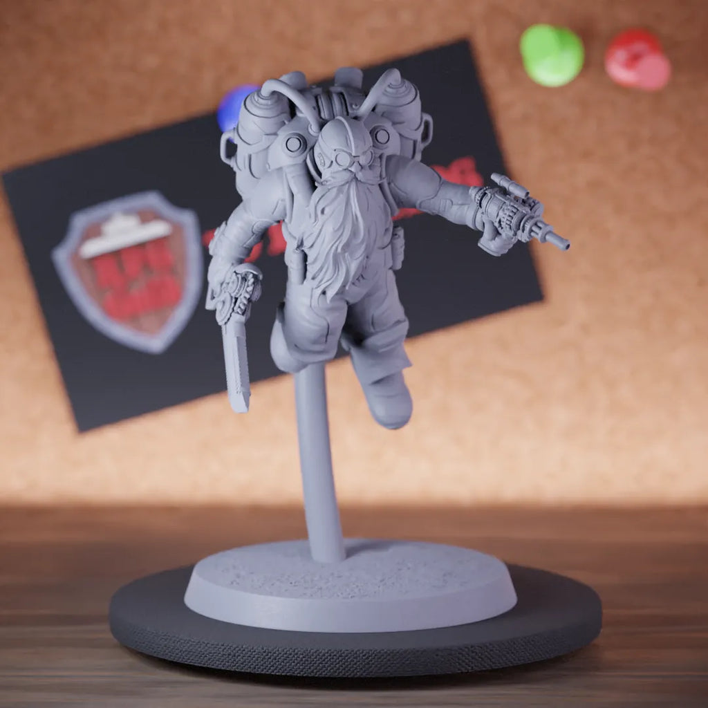 Highly detailed artificer dwarf sword gun flying miniature of DwarfSteampunk, perfect for DnD 5e encounters, fantasy tabletop RPG campaigns, painting and display.