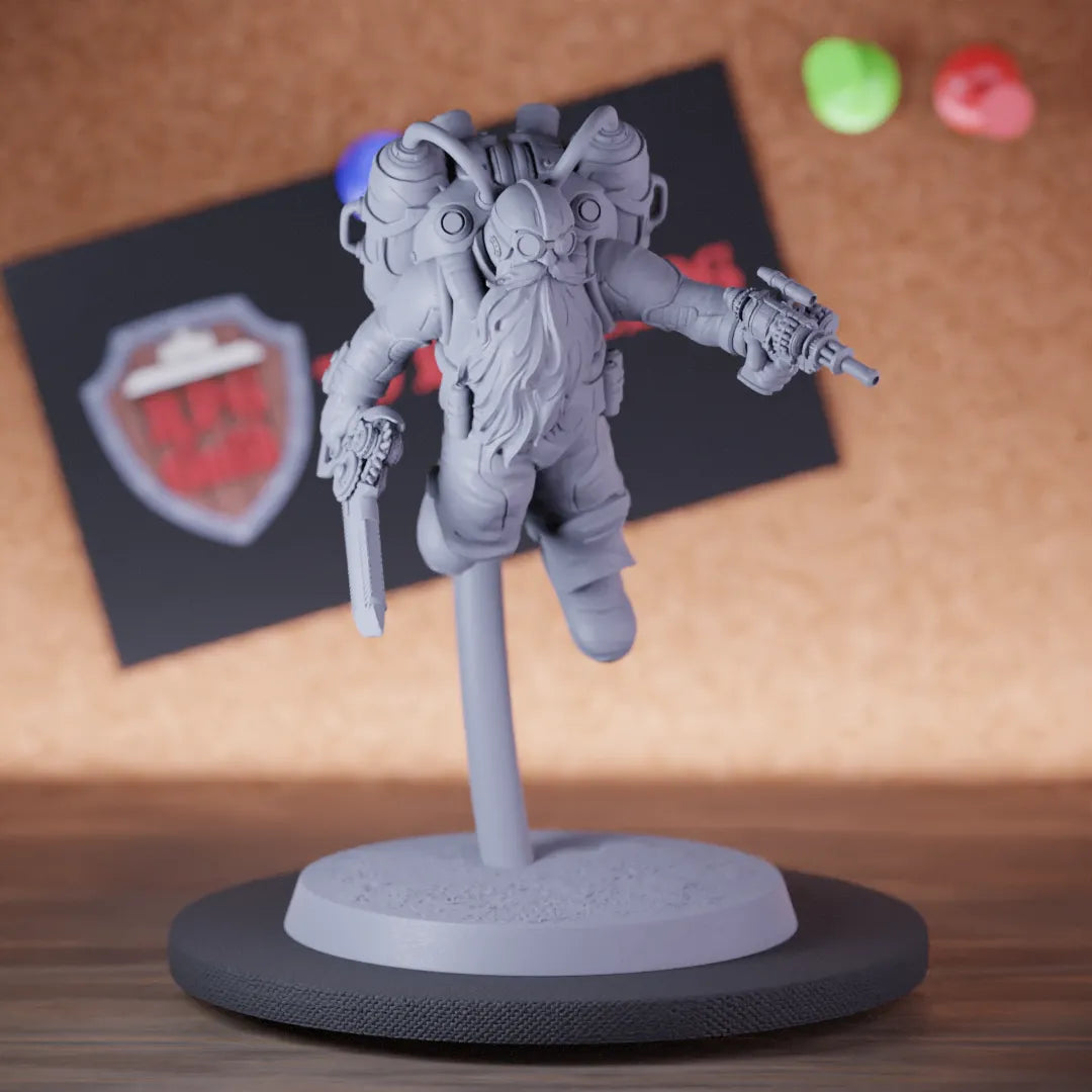 Highly detailed artificer dwarf sword gun flying miniature of DwarfSteampunk, perfect for DnD 5e encounters, fantasy tabletop RPG campaigns, painting and display.