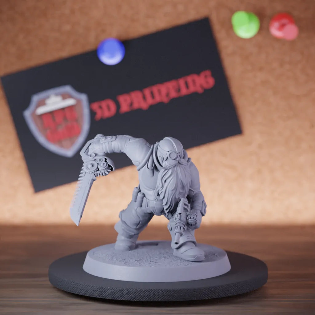 Highly detailed artificer dwarf sword gun running miniature of DwarfSteampunk, perfect for DnD 5e encounters, fantasy tabletop RPG campaigns, painting and display.