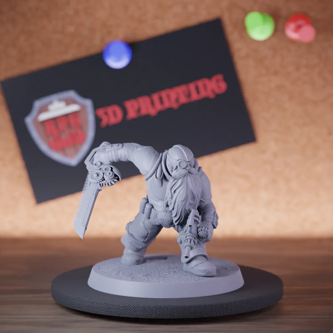 Highly detailed artificer dwarf sword gun running miniature of DwarfSteampunk, perfect for DnD 5e encounters, fantasy tabletop RPG campaigns, painting and display.