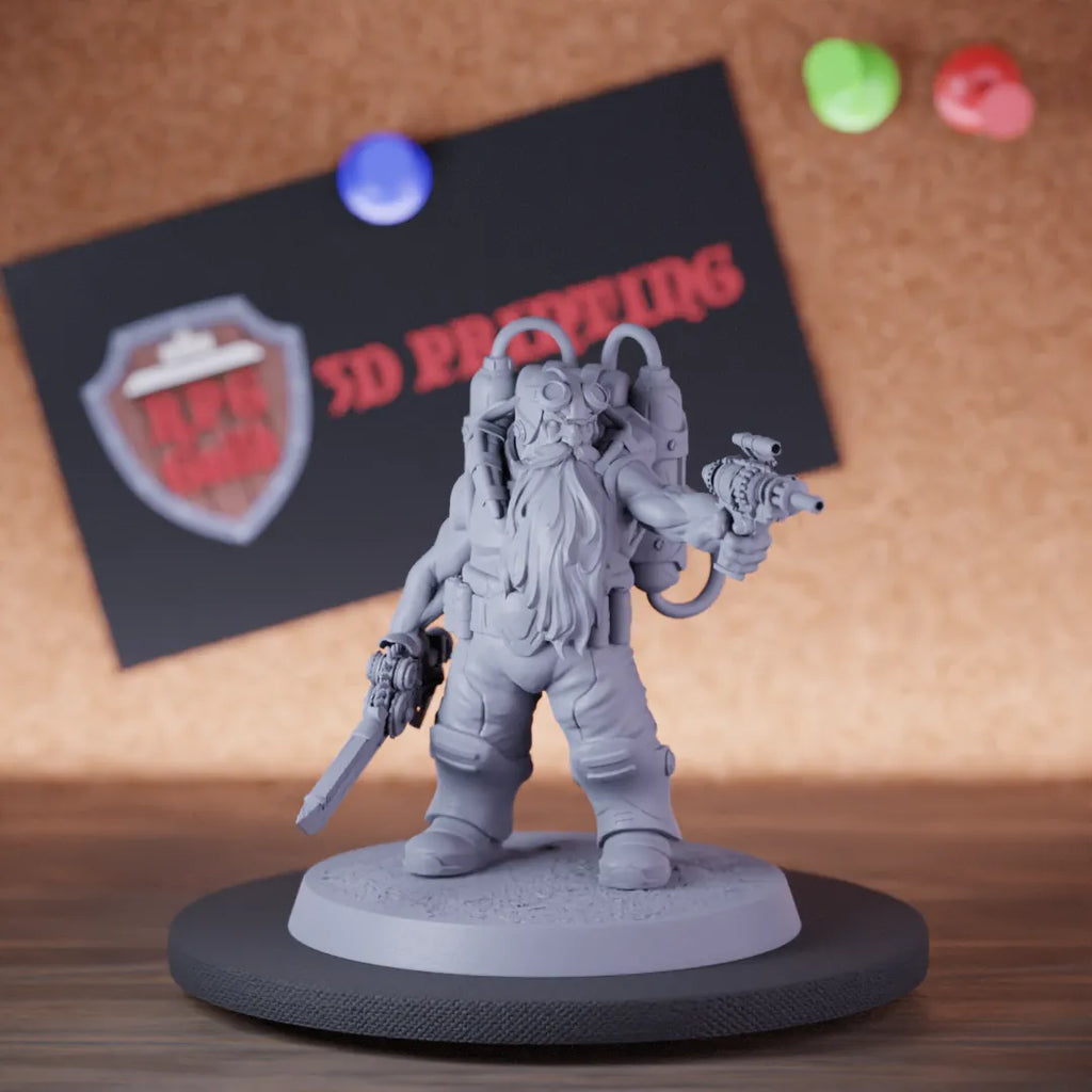 Highly detailed artificer dwarf sword gun shooting miniature of DwarfSteampunk, perfect for DnD 5e encounters, fantasy tabletop RPG campaigns, painting and display.