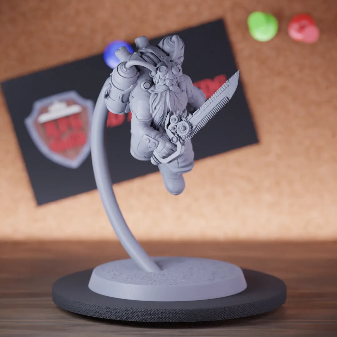 Highly detailed artificer dwarf sword flying charging miniature of DwarfSteampunk, perfect for DnD 5e encounters, fantasy tabletop RPG campaigns, painting and display.