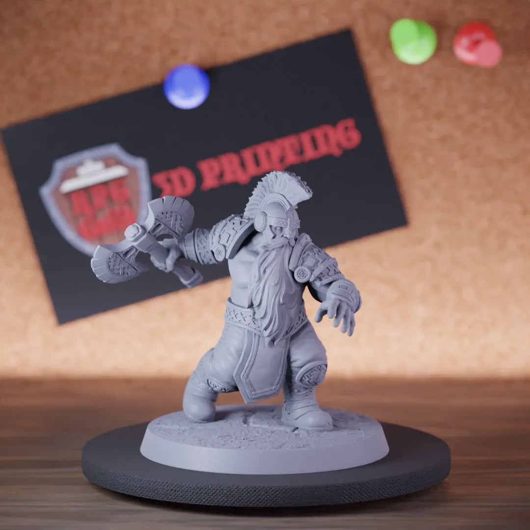 Highly detailed barbarian dwarf berserker battleaxe miniature of DwarfWarrior, perfect for DnD 5e encounters, fantasy tabletop RPG campaigns, painting and display.