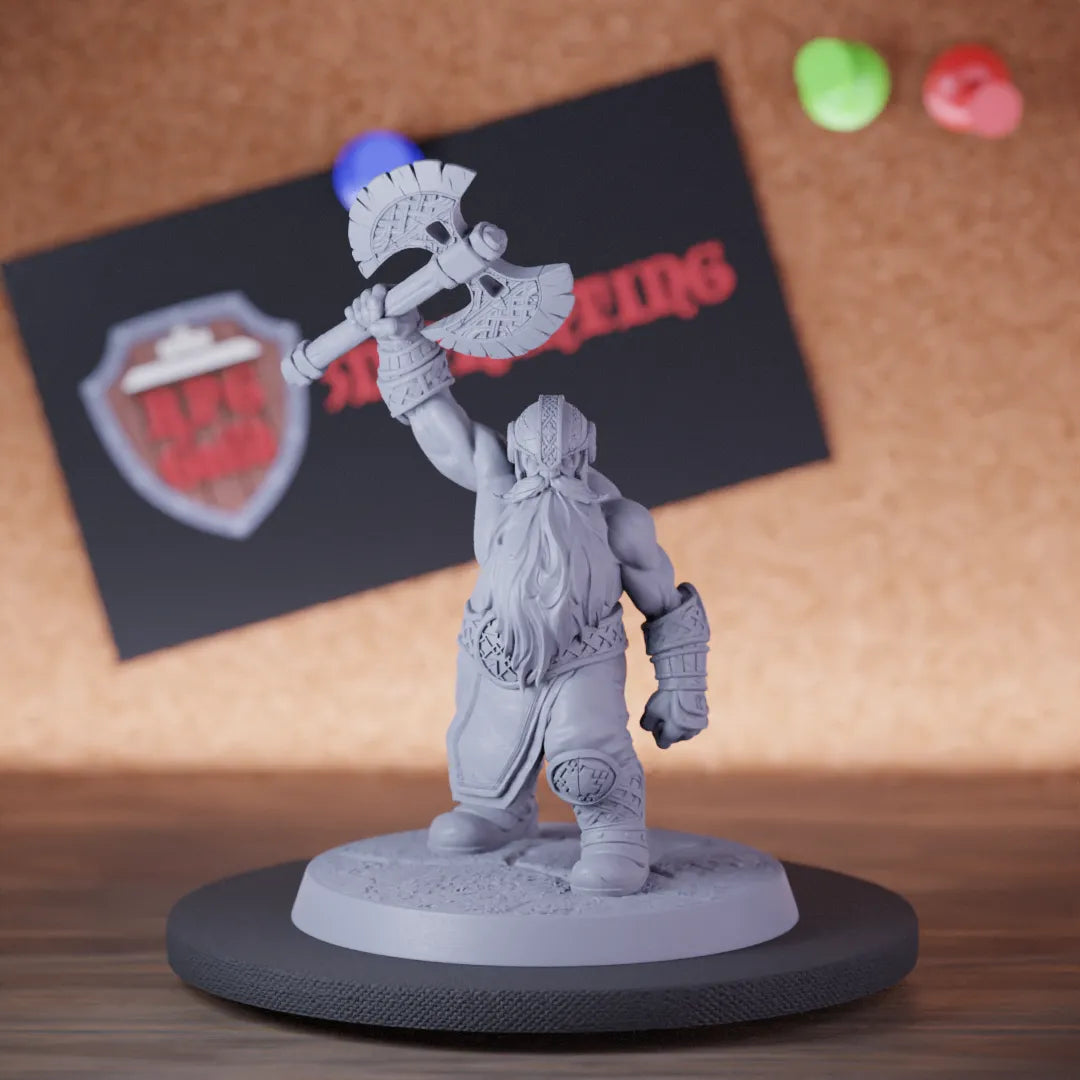 Highly detailed barbarian dwarf battleaxe triumph miniature of DwarfWarrior, perfect for DnD 5e encounters, fantasy tabletop RPG campaigns, painting and display.