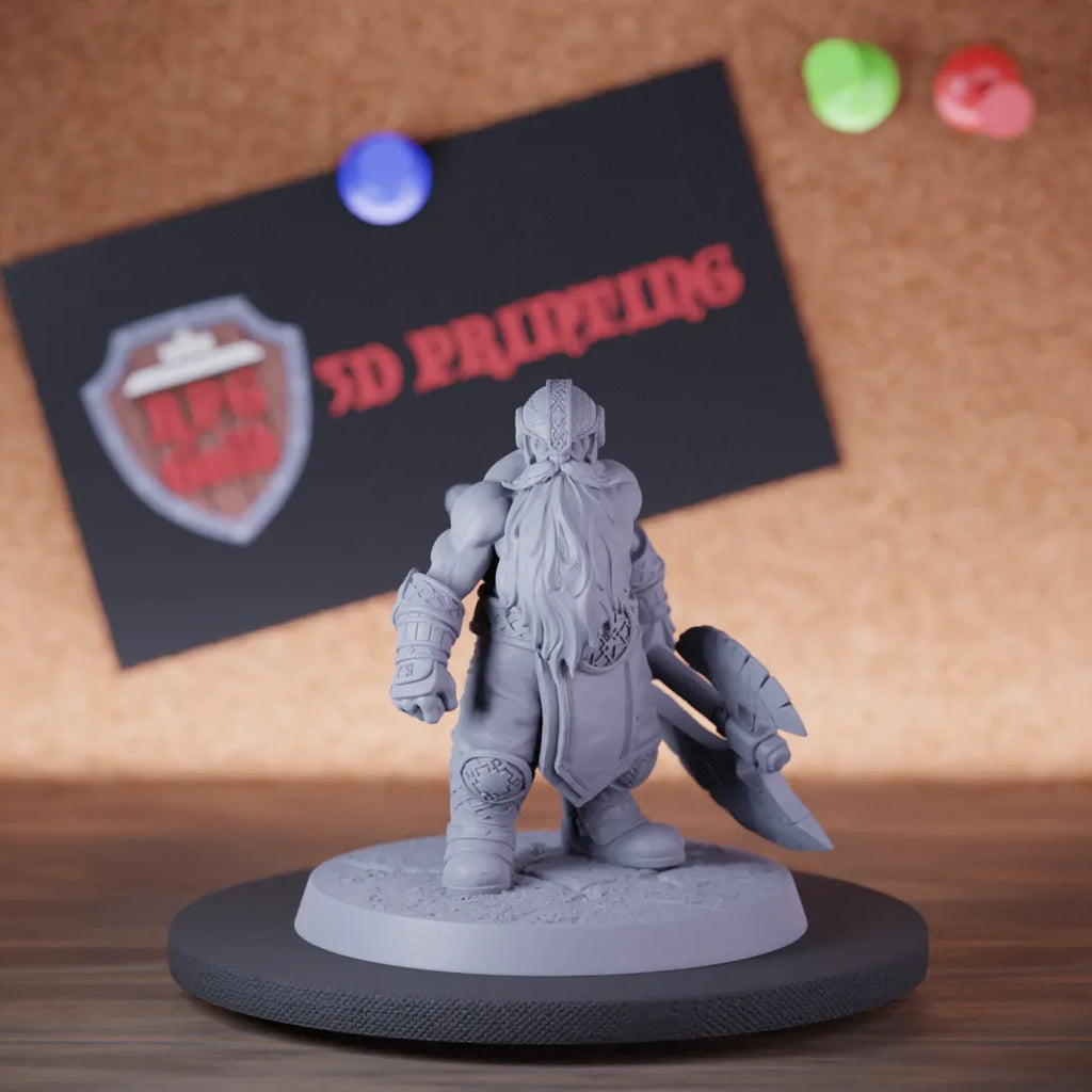 Highly detailed barbarian dwarf big axe standing miniature of DwarfWarrior, perfect for DnD 5e encounters, fantasy tabletop RPG campaigns, painting and display.