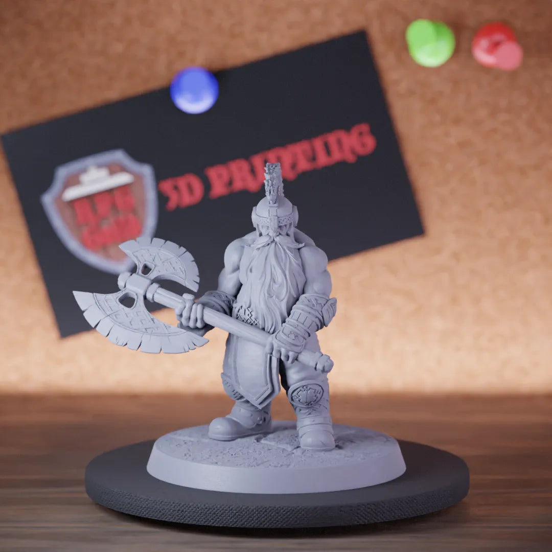 Highly detailed barbarian dwarf two handed axe miniature of DwarfWarrior, perfect for DnD 5e encounters, fantasy tabletop RPG campaigns, painting and display.