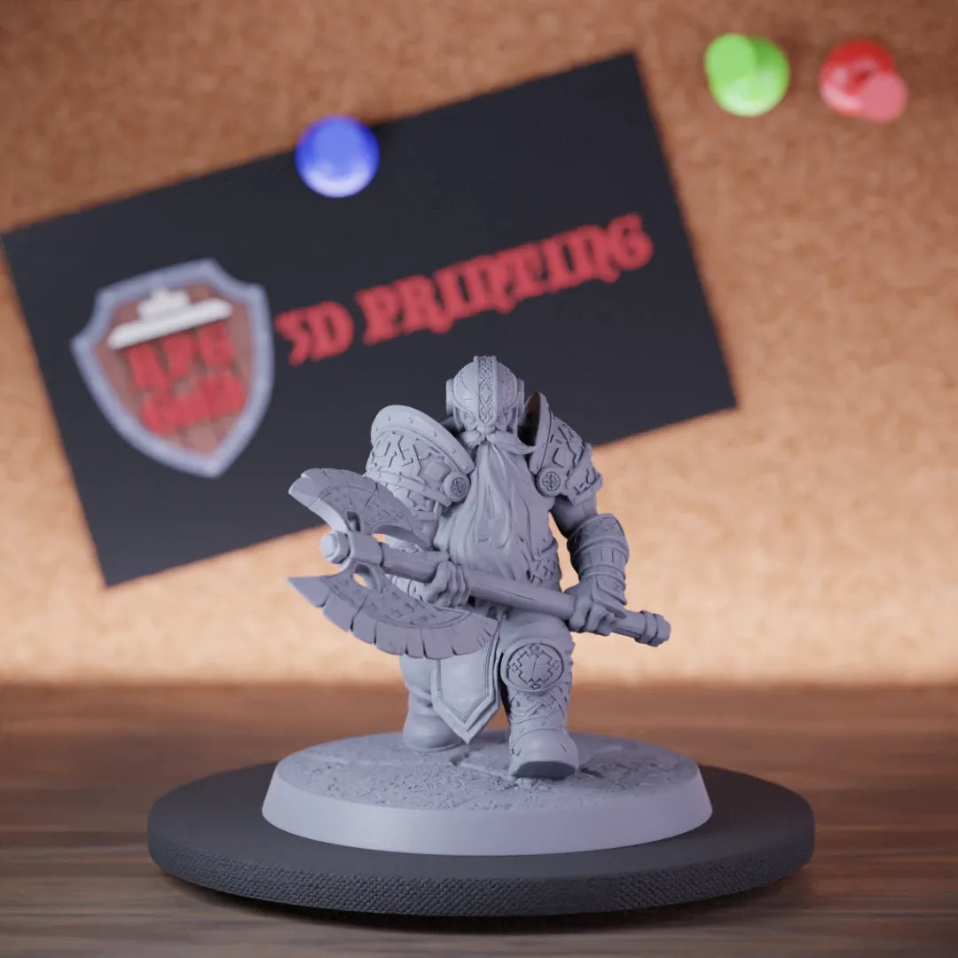 Highly detailed barbarian dwarf two handed axe walking miniature of DwarfWarrior, perfect for DnD 5e encounters, fantasy tabletop RPG campaigns, painting and display.