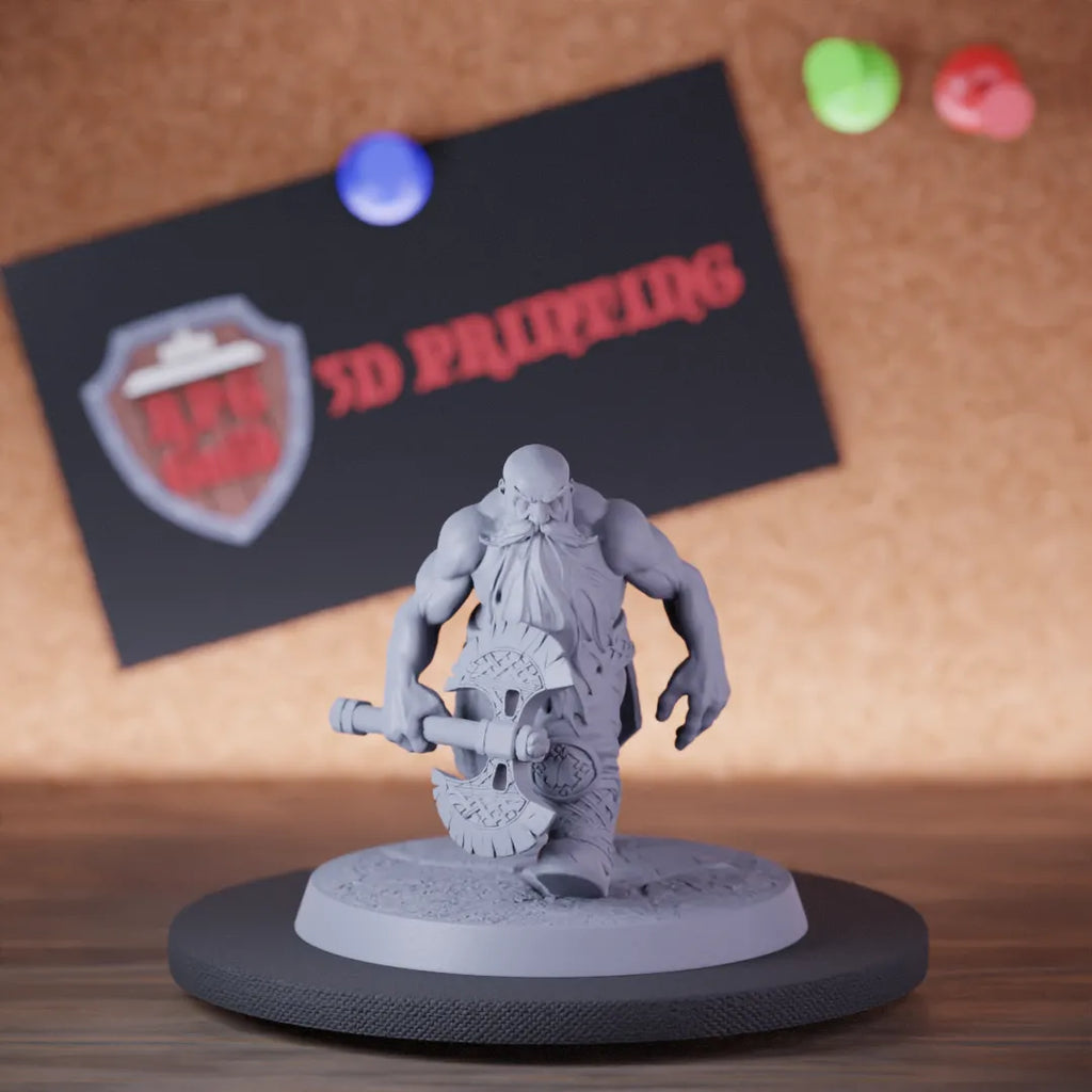 Highly detailed barbarian dwarf big axe walking miniature of DwarfWarrior, perfect for DnD 5e encounters, fantasy tabletop RPG campaigns, painting and display.