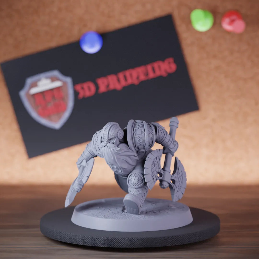 Highly detailed barbarian dwarf two battleaxes running miniature of DwarfWarrior, perfect for DnD 5e encounters, fantasy tabletop RPG campaigns, painting and display.