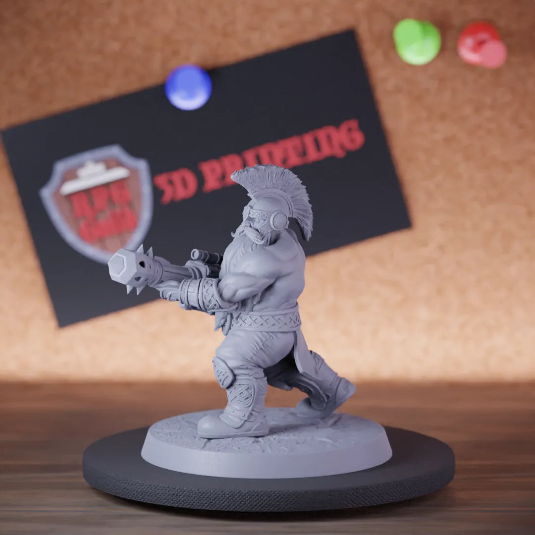 Highly detailed artificer dwarf flamethrower charging miniature of DwarfWarrior, perfect for DnD 5e encounters, fantasy tabletop RPG campaigns, painting and display.