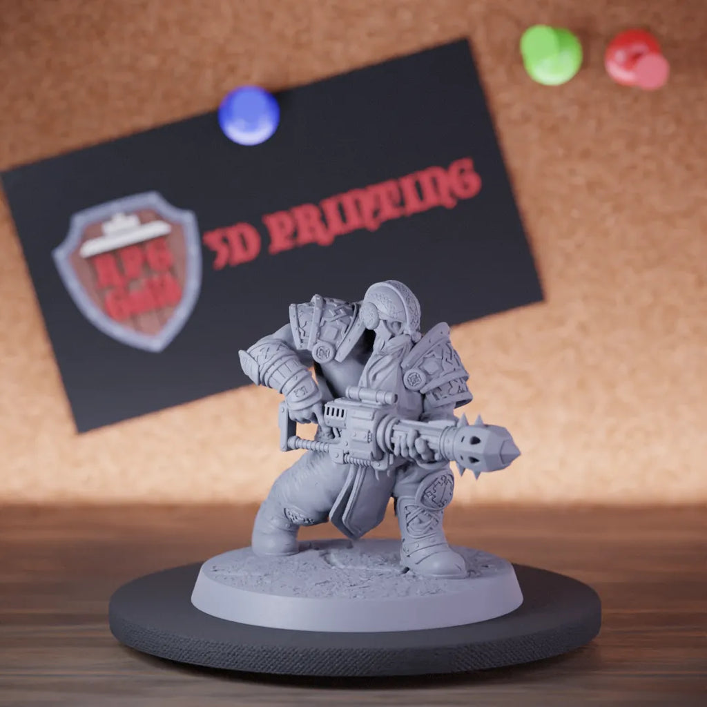 Highly detailed artificer dwarf flamethrower miniature of DwarfWarrior, perfect for DnD 5e encounters, fantasy tabletop RPG campaigns, painting and display.