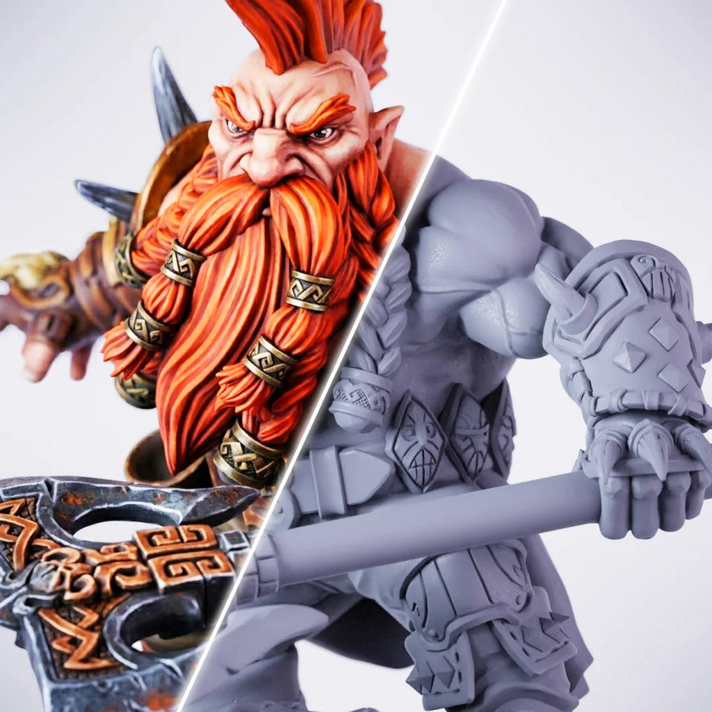 Dwarf Berserker – painted/unpainted split view of a stocky dwarf miniature with a red mohawk, enormous braided red beard with gold rings, and a large rune-engraved axe
