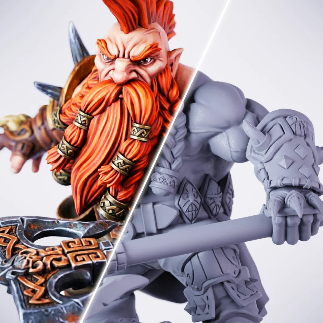 Dwarf Berserker – painted/unpainted split view of a stocky dwarf miniature with a red mohawk, enormous braided red beard with gold rings, and a large rune-engraved axe