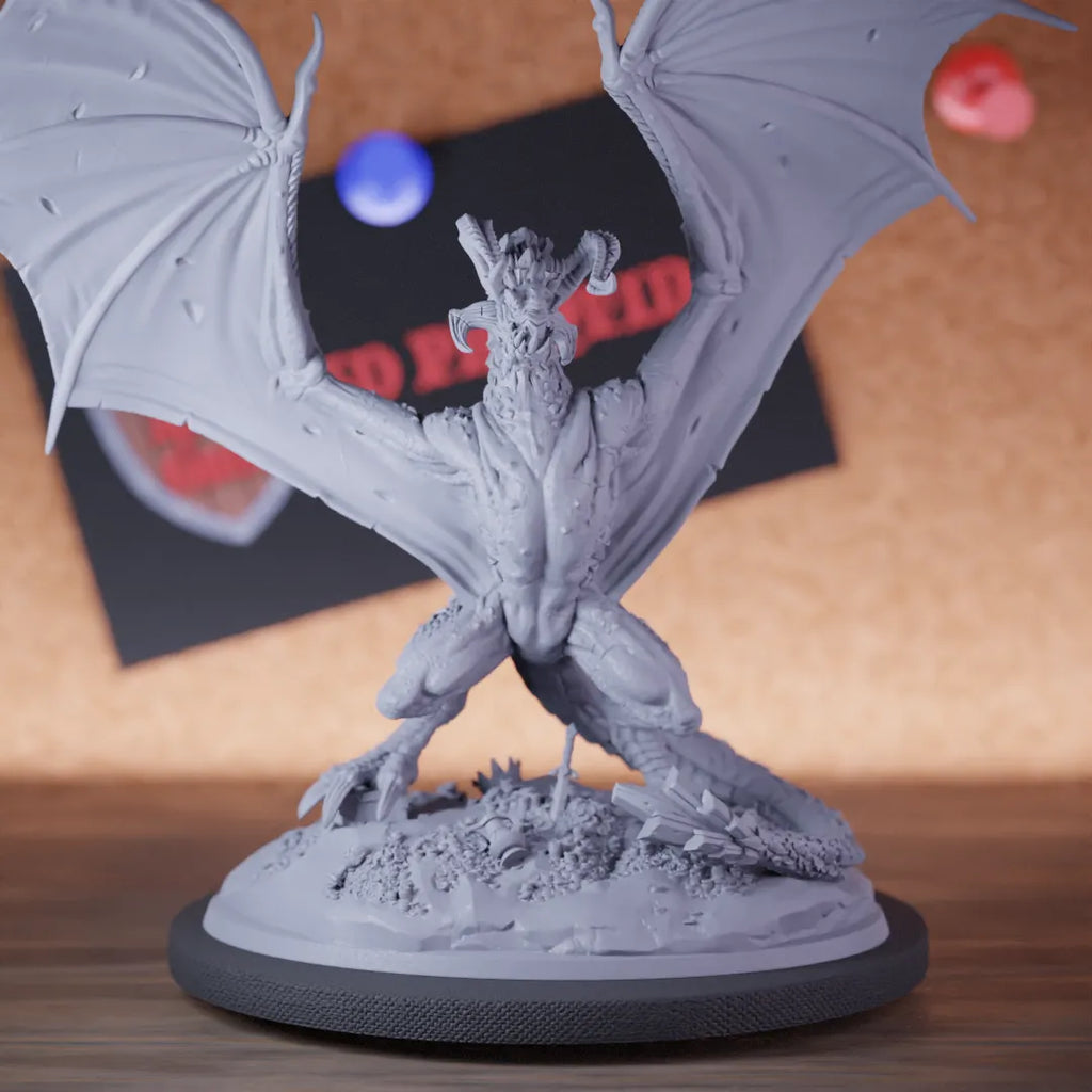 Highly detailed dragon boss giant metallic miniature of Edrosdar, perfect for DnD 5e encounters, fantasy tabletop RPG campaigns, painting and display.