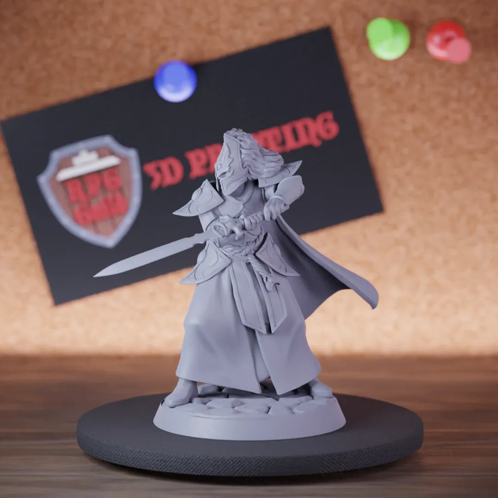Highly detailed fighter elf elite armored miniature, perfect for DnD 5e encounters, fantasy tabletop RPG campaigns, painting and display.