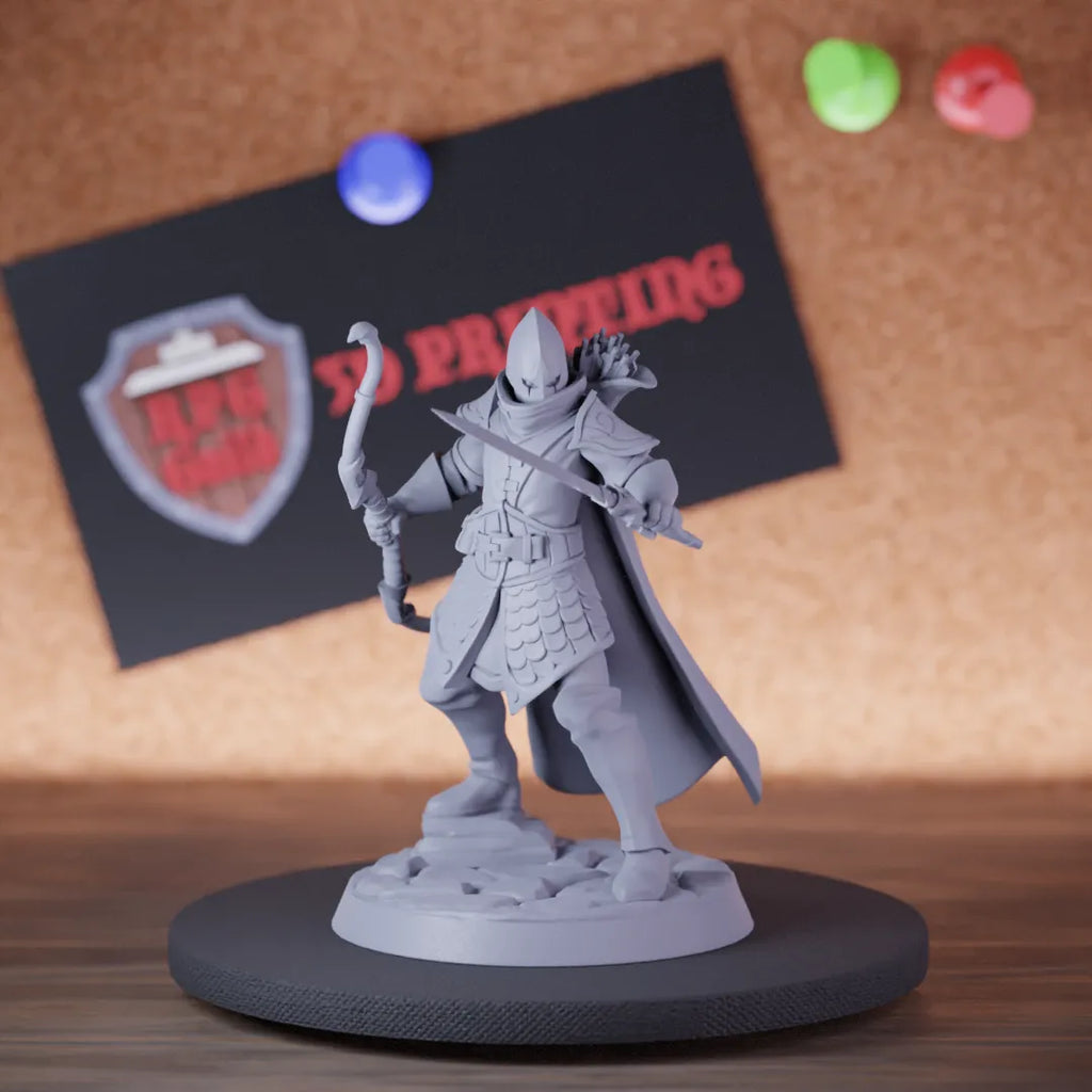 Highly detailed ranger elf elite bow sword miniature, perfect for DnD 5e encounters, fantasy tabletop RPG campaigns, painting and display.