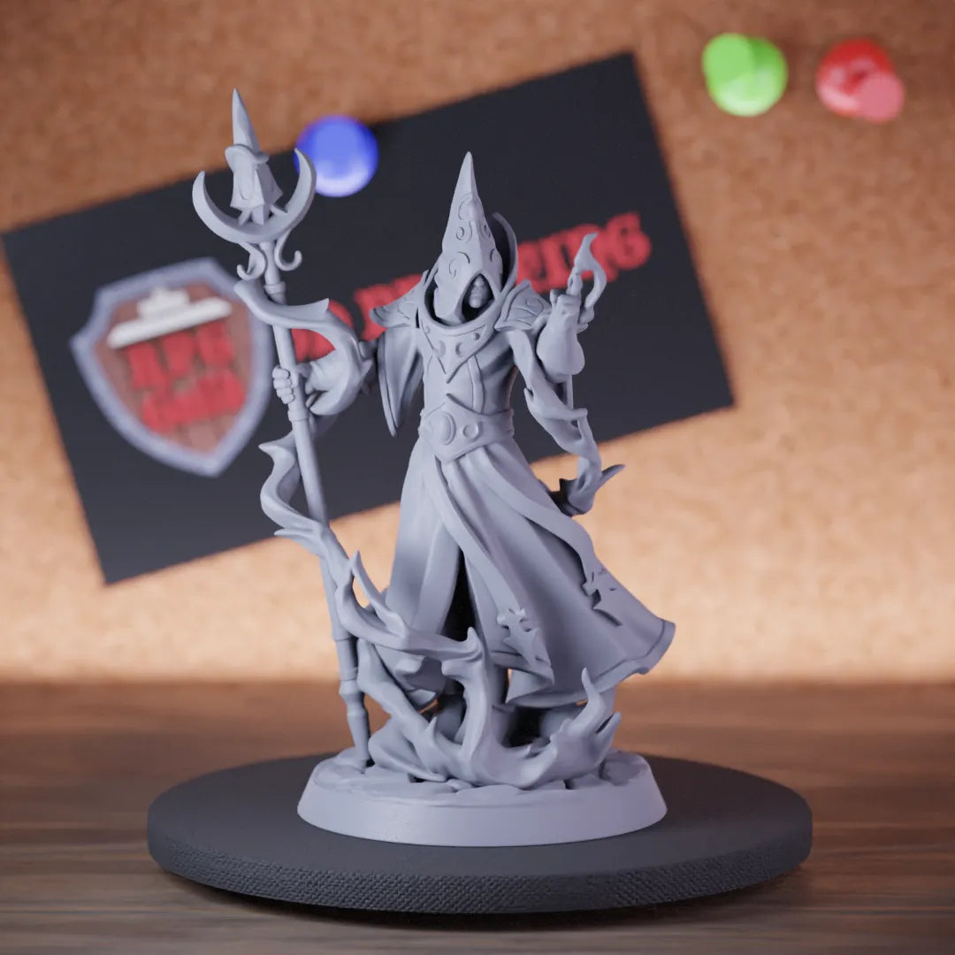 Highly detailed wizard elf high elite evoker miniature, perfect for DnD 5e encounters, fantasy tabletop RPG campaigns, painting and display.