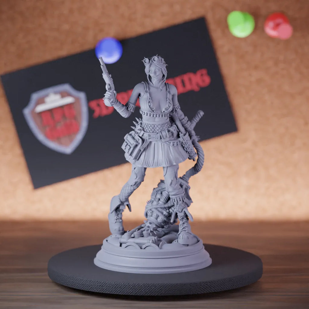 Highly detailed female artificer human gunslinger miniature of Eryial, perfect for DnD 5e encounters, fantasy tabletop RPG campaigns, painting and display.