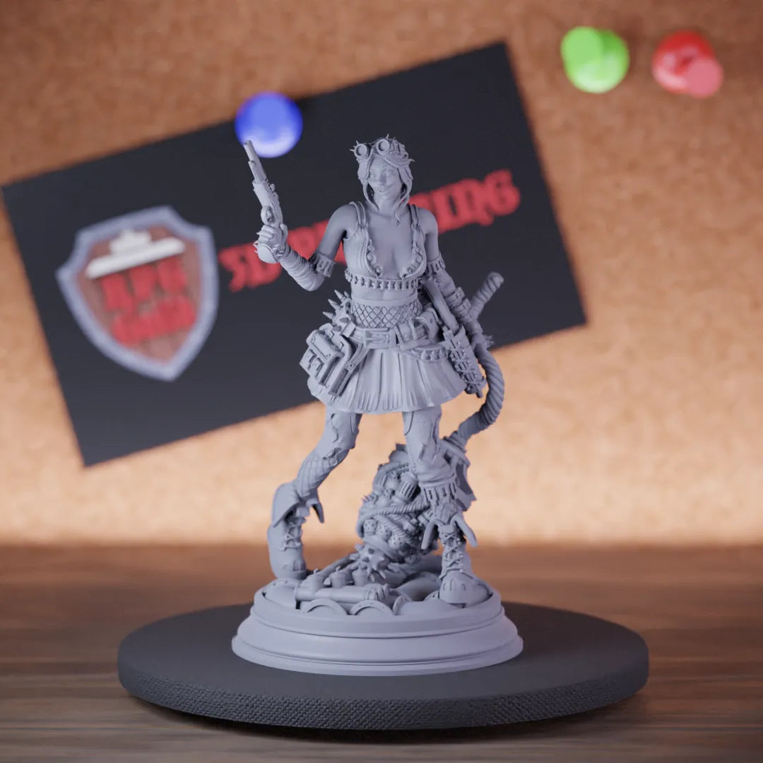 Highly detailed female artificer human gunslinger miniature of Eryial, perfect for DnD 5e encounters, fantasy tabletop RPG campaigns, painting and display.