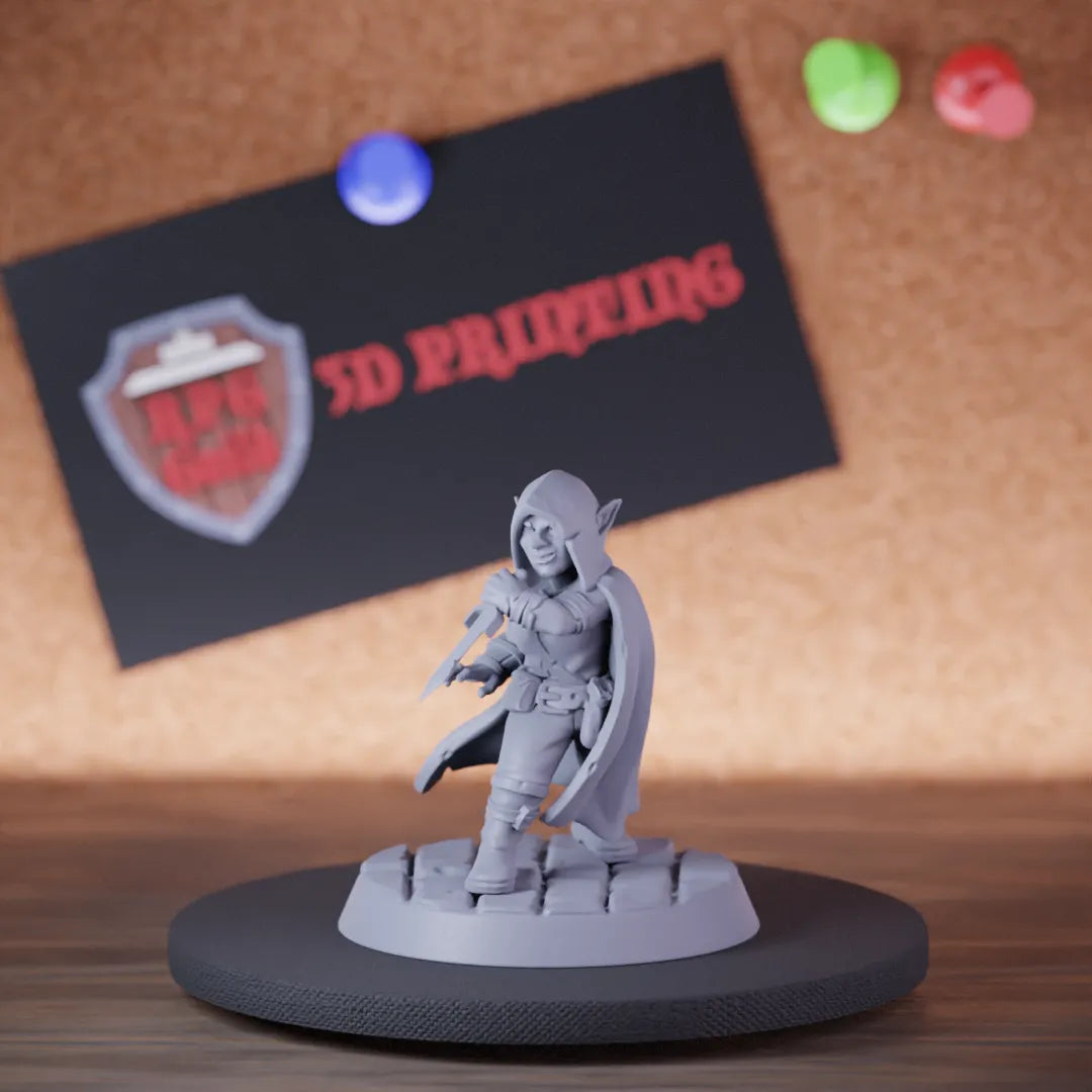 Highly detailed female goblin assasin miniature of FGoblinAssassin, perfect for DnD 5e encounters, fantasy tabletop RPG campaigns, painting and display.