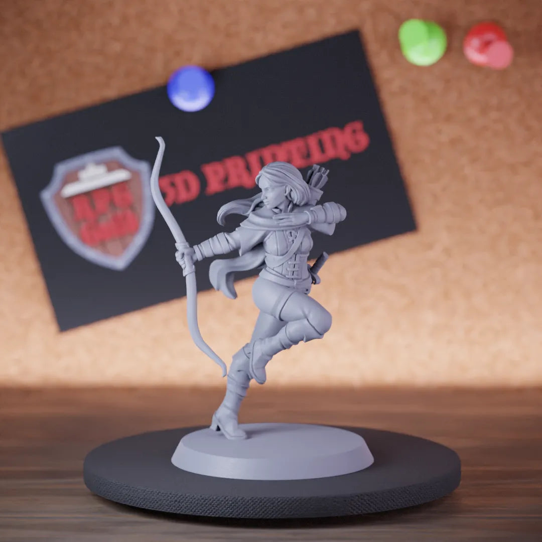 Highly detailed female ranger archer miniature, perfect for DnD 5e encounters, fantasy tabletop RPG campaigns, painting and display.