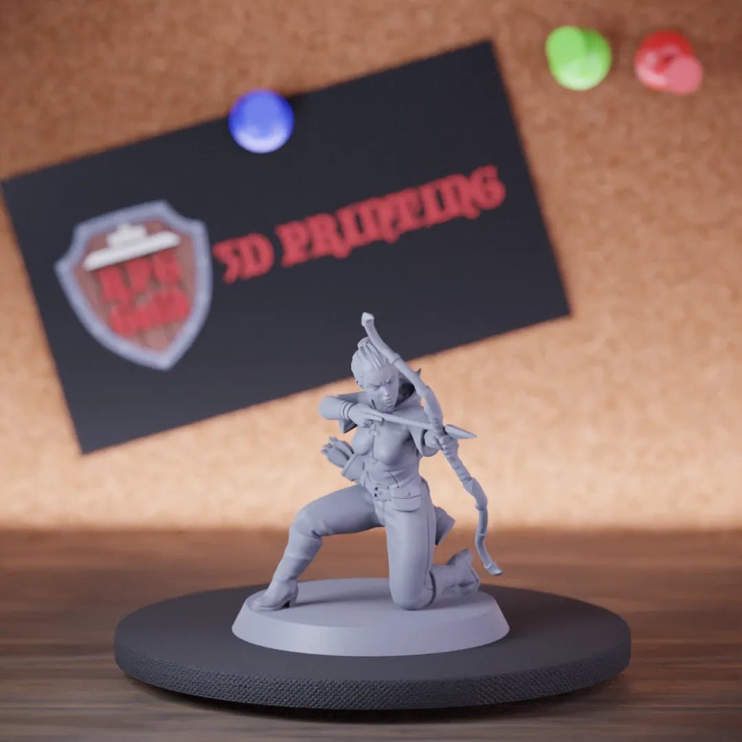 Highly detailed female ranger archer kneel miniature, perfect for DnD 5e encounters, fantasy tabletop RPG campaigns, painting and display.