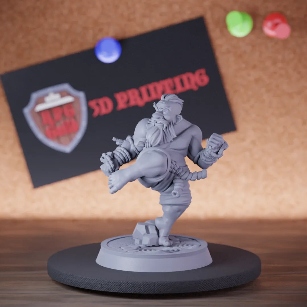 Highly detailed monk dwarf wrestler miniature of Faldur, perfect for DnD 5e encounters, fantasy tabletop RPG campaigns, painting and display.