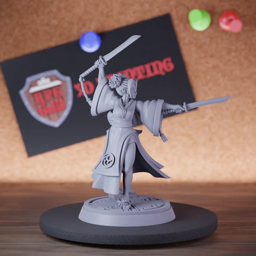 Highly detailed female monk lesser human blade master miniature of Falya, perfect for DnD 5e encounters, fantasy tabletop RPG campaigns, painting and display.