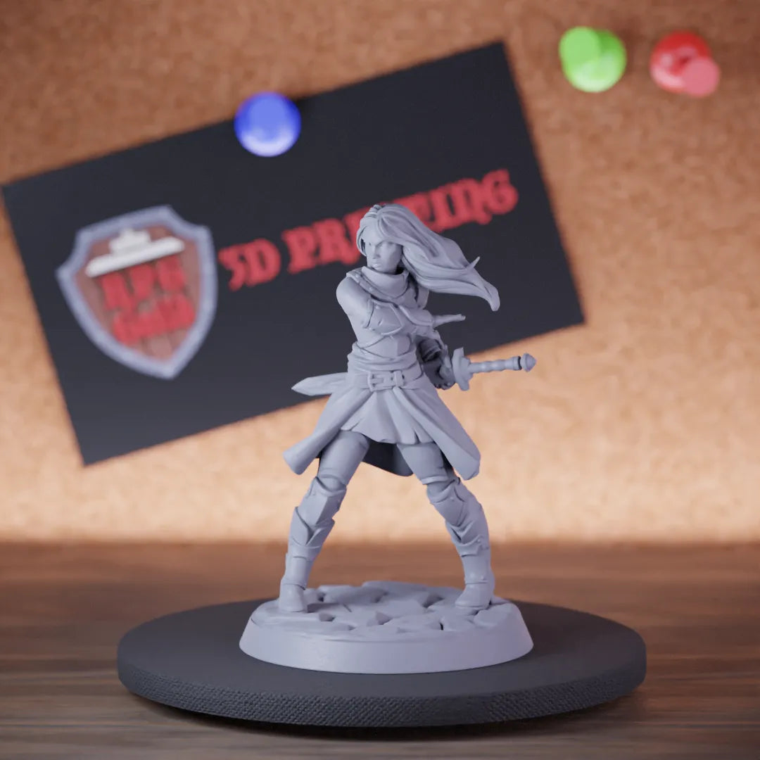 Highly detailed female fighter knight longsword miniature, perfect for DnD 5e encounters, fantasy tabletop RPG campaigns, painting and display.