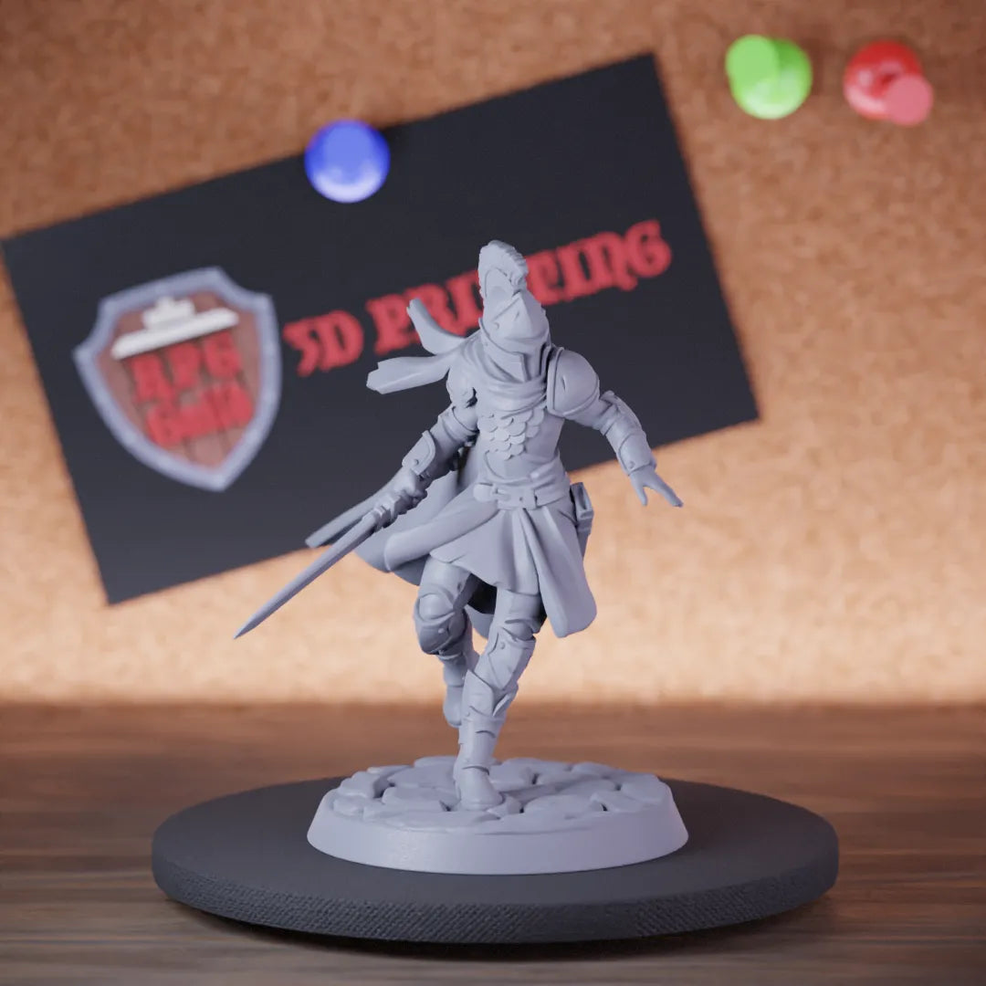 Highly detailed female fighter knight armored longsword miniature, perfect for DnD 5e encounters, fantasy tabletop RPG campaigns, painting and display.