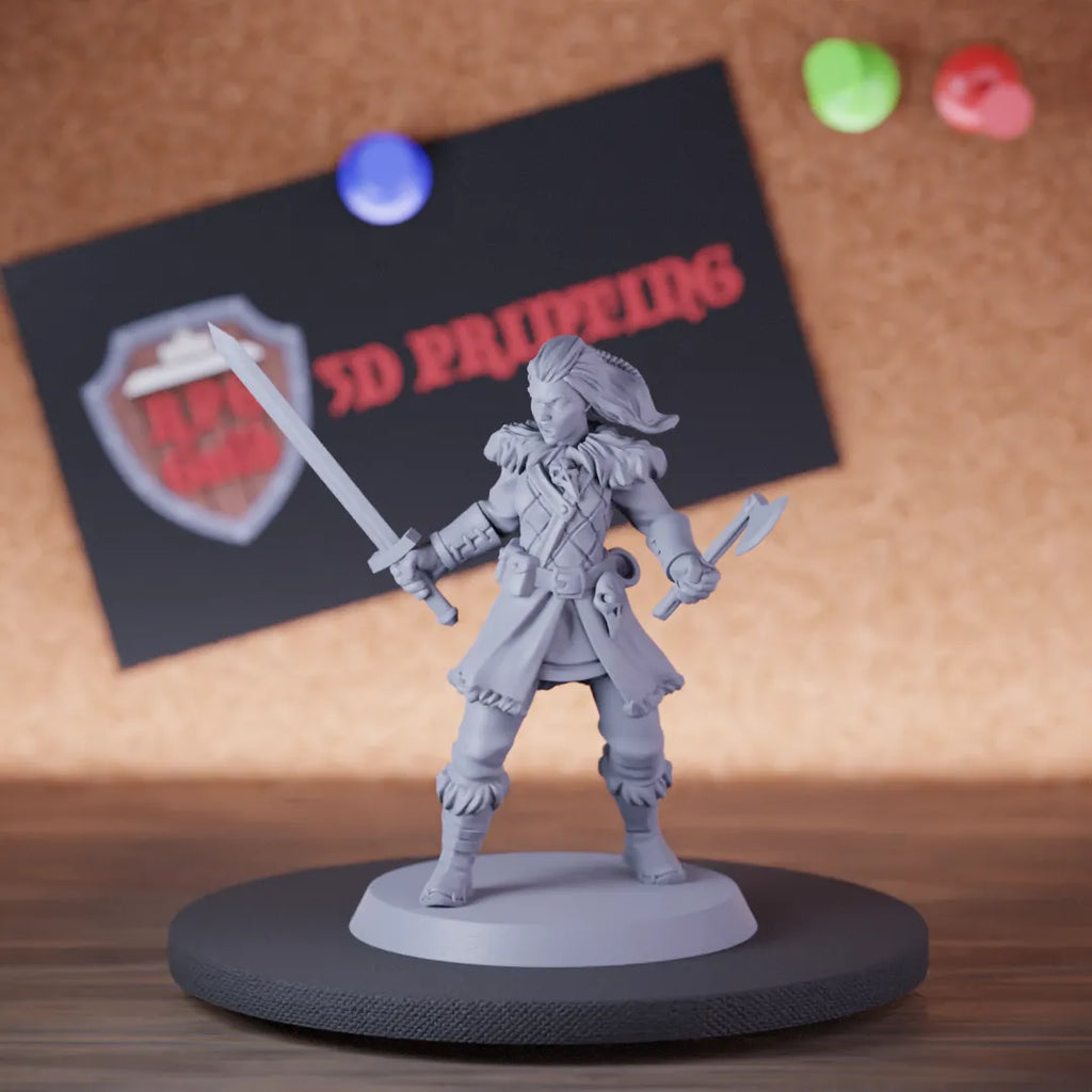 Highly detailed female fighter viking woman miniature, perfect for DnD 5e encounters, fantasy tabletop RPG campaigns, painting and display.