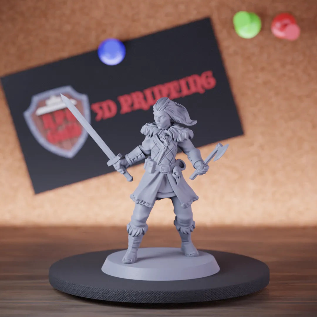 Highly detailed female fighter viking woman miniature, perfect for DnD 5e encounters, fantasy tabletop RPG campaigns, painting and display.