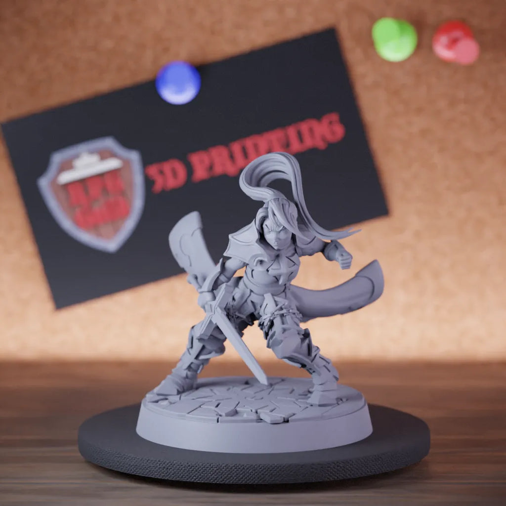 Highly detailed female fighter human champion miniature of Fighter, perfect for DnD 5e encounters, fantasy tabletop RPG campaigns, painting and display.