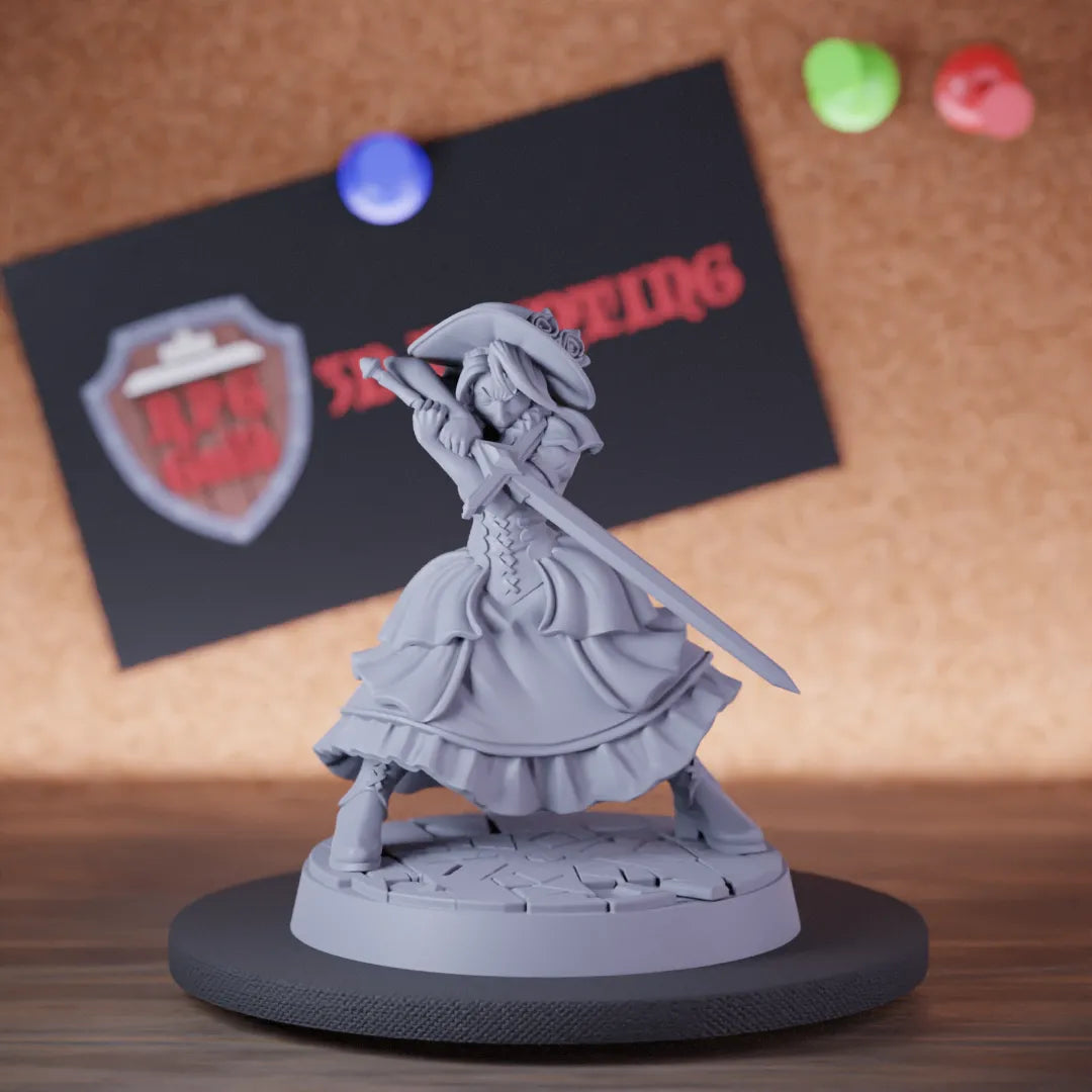 Highly detailed female fighter human battle master maid miniature of Fighter, perfect for DnD 5e encounters, fantasy tabletop RPG campaigns, painting and display.