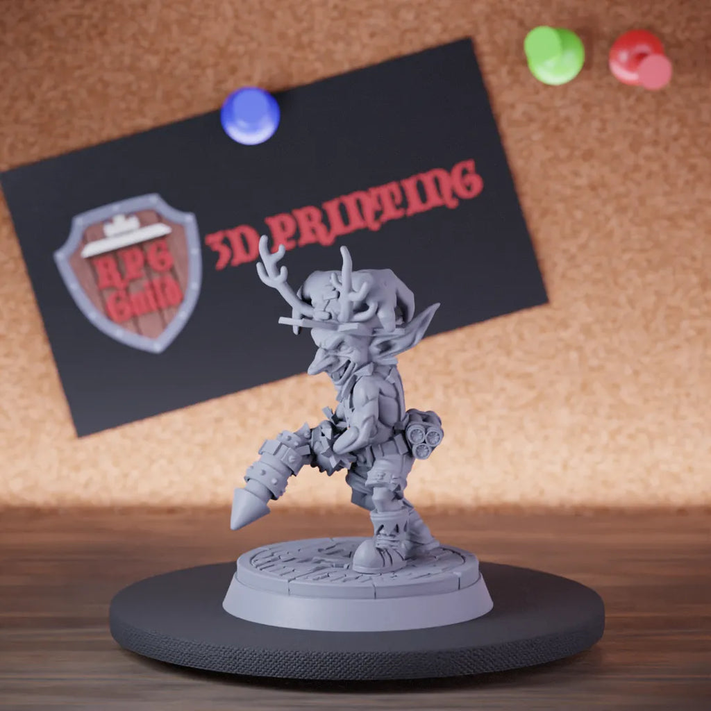 Highly detailed goblin christmas firework gun miniature of Firework, perfect for DnD 5e encounters, fantasy tabletop RPG campaigns, painting and display.