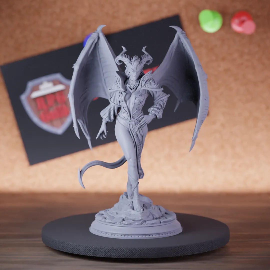 Highly detailed female sorcerer demon commander miniature of Fortuna, perfect for DnD 5e encounters, fantasy tabletop RPG campaigns, painting and display.
